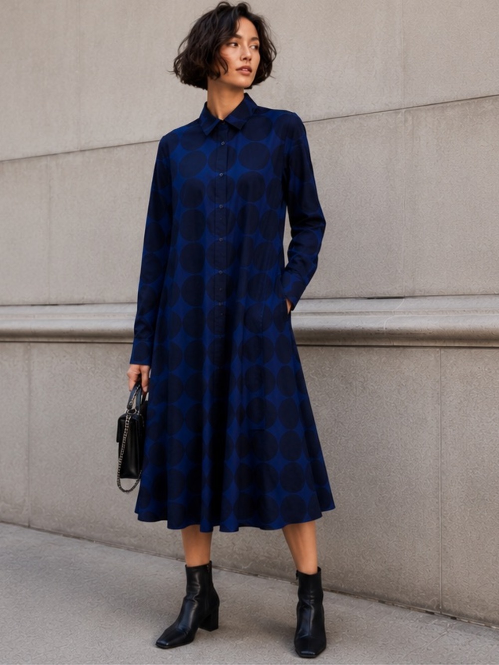 Uniqlo x Marimekko Kivet Dot Print Long Sleeve Shirt Dress XS Blue Cotton Midi